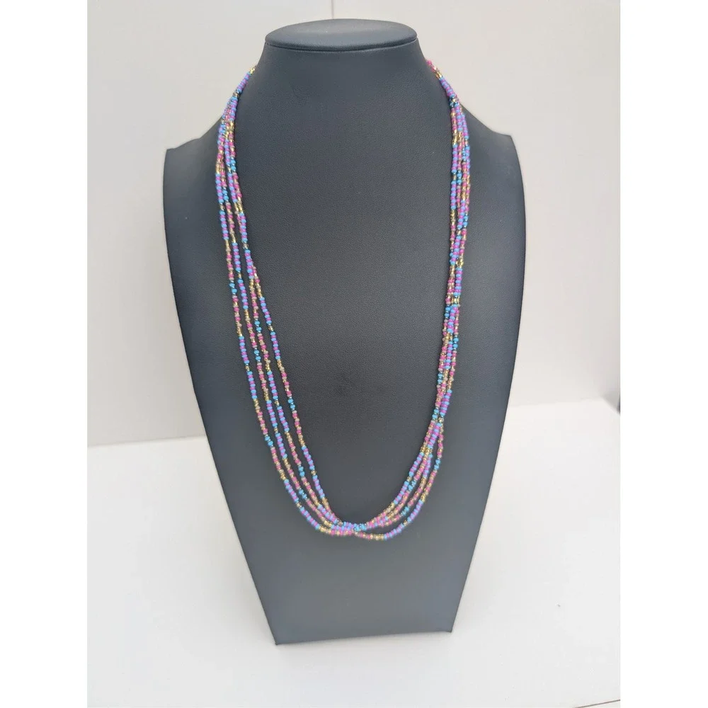Handmade Multi Strand Seed Bead Necklace Turquoise Pink Layered Bohemian Jewelry